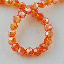 Fili di perle di vetro placcato, lustro di perla placcato, sfaccettato (32 sfaccettatura), tondo, arancione scuro, 4mm
