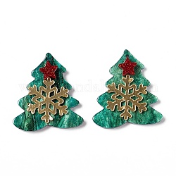 Weihnachtlich bedruckte Acrylanhänger, mit Glitzerpulver, Baum mit Stern & Schneeflocke, hell meergrün, 34.5x31x5 mm, Bohrung: 1.4 mm