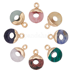 SUPERFINDINGS 8Pcs 8 Styles Natural & Synthetic Mixed Gemstones Flat Round/Donut Charms, with Rack Plating Golden Tone Brass Loops, 14x10mm, 1pc/style