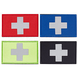 Gorgecraft 4Pcs 4 Colors Reflective First Aid Cross Patches, Medical Hoop & Loop Badge, Rectangle, Mixed Color, 50x80x3.5mm, 1pc/color