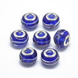 Perline murano europeo fatto a mano, con ottone in platino doppio core, perline con foro grande, rondelle, blu, 13~15x10mm, Foro: 5 mm