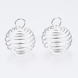Pendentifs en fil de fer, pendentifs de cage de perle en spirale, ronde, couleur d'argent, 25~26x20mm, Trou: 5~6mm