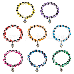 ANATTASOUL 8Pcs 8 Colors Evil Eye Resin Beaded Stretch Bracelets Set with Hamsa Hand Charms, Mixed Color, Inner Diameter: 2 inch(5cm), 1Pc/color