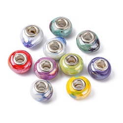 Гальваническим стеклянные европейские шарики, бусины с большими отверстиями в форме шайбы, с латунными сердечниками с серебряным покрытием, разноцветные, 15x10 мм, отверстие : 5 мм