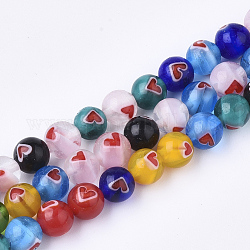 Chapelets de perles vernissées manuelles, ronde avec le coeur, couleur mixte, 6mm, Trou: 1mm, Environ 65 pcs/chapelet, 14.9 pouce