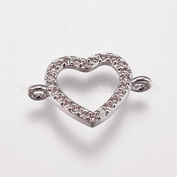 Brass Micro Pave Cubic Zirconia Links, Heart, Clear, Platinum, 10.5x16x2mm, Hole: 1.5mm