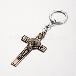 Porte-clés en alliage croix crucifix, avec la chaîne et anneaux de fer, pour Pâques, bronze antique, 128mm