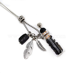 Natural Obsidian Chips Perfume Bottle Pendant Necklace, with Stainless Steel Feather and Random Shapes Gemstone Pendants, Essential Oil Vial Jewelry for Women, 27.56 inch(70cm)