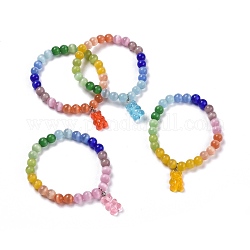 Bracelets à breloques extensibles en résine d'ours, avec des perles rondes en œil de chat, couleur mixte, diamètre intérieur: 2-1/8 pouce (5.5 cm), 4 pièces / kit
