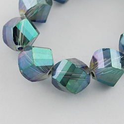 Electroplated Glass Bead Strands, Rainbow Plated, Faceted, Twist, Teal, 10x10x9mm, Hole: 2mm, about 72pcs/strand, 25.5inch
