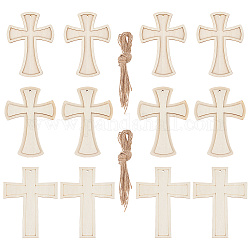 ARRICRAFT 15Pcs 3 Styles Unfinished Wood Cross Pendants, with Hemp Rope, Religion Theme, Wheat, 127x92~97x2.5~5mm, Hole: 3.5mm, 5pcs/style