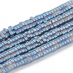 Chapelets de perles en hématite synthétique sans magnétiques, fleur, bleu plaqué, 3.5~4x1mm, Trou: 1mm, Environ 370~385 pcs/chapelet, 15.7 pouce