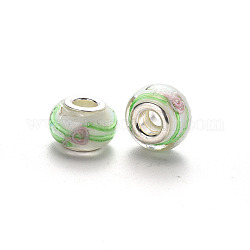 Handgemachte glasperlen murano glas großlochperlen, großes Loch Rondell Perlen, mit Platin-Ton Messing Doppeladern, mit Blumenmuster, Blumenweiß, 14~16x9~10 mm, Bohrung: 5 mm