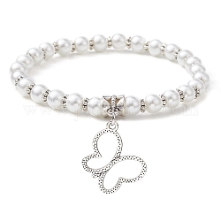Perles de verre bracelets en perles extensibles, avec l'alliage breloque, papillon, diamètre intérieur: 2-1/2 pouce (6.2 cm), pendentif: 17.5x19.5 mm
