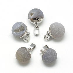 Ciondoli in agata grigia druzy, con accessori di ottone, tondo, smerigliato, tondo, platino, 18x14mm, Foro: 7x4 mm