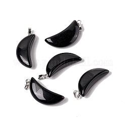 Pendentifs en obsidienne naturelle, avec les accessoires en laiton de tonalité de platine, charme de lune, 33x15x8mm, Trou: 6x3.2mm