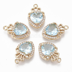 Glass Pendants, with Micro Pave Cubic Zirconia and Brass Open Back Settings, Faceted, Heart with Crown, Light Gold, Light Cyan, 17.5x11.5x5.5mm, Hole: 1.4mm