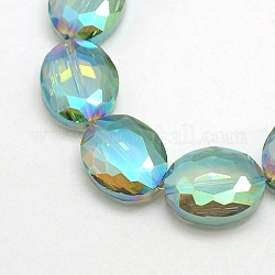Facettierten galvanisieren Kristallglas Oval Perlen Stränge, Regenbogen Farbe überzogen, mittlerer Aquamarin, 20x16x8 mm, Bohrung: 1 mm, ca. 35 Stk. / Strang, 27.5 Zoll