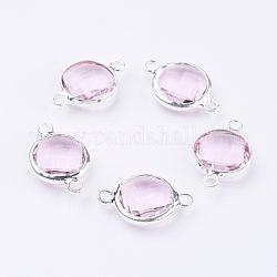 Silver Color Plated Brass Glass Flat Round Links connectors, Faceted, Pearl Pink, 16x10.5x5mm, Hole: 1.5mm