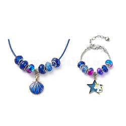 Kit de fabrication de collier de bracelet européen bricolage pour enfant, y compris la fabrication d'un bracelet en chaîne en laiton et d'un collier en corde de cire, pendentif en alliage de style grand trou et perles de résine, bleu moyen, pendentif: 36.5~39 mm, Trou: 5mm, 16 pièces / kit