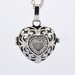 Antique Silver Brass Rhinestone Cage Pendants, Chime Ball Pendants, Heart, with Brass Spray Painted Bell Beads, White, 27x27x21mm, Hole: 3x5mm, Bell: 16mm