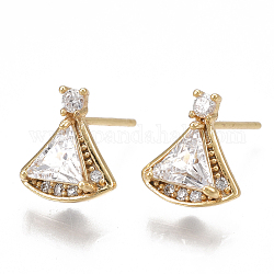 Brass Stud Earring Findings, with Loop and Cubic Zirconia, Nickel Free, Real 18K Gold Plated, Fan, Clear, 10x9mm, Hole: 0.8mm, Pin: 0.8mm