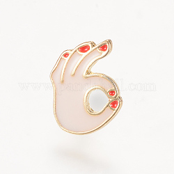 Alloy Enamel Brooches, Enamel Pin, with Brass Finding, Palm, for OK, Light Gold, PeachPuff, 13x10mm, Pin: 1.2mm