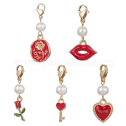 Décorations de pendentifs en émail en alliage pour la saint-valentin, perles de perles et 304 breloques à fermoirs mousquetons en acier inoxydable, coeur/rose/lèvre/clé, rouge, 35~43mm