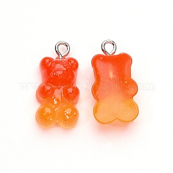 Gradient Color Opaque Resin Pendants, with Glitter Powder and Platinum Tone Iron Peg Bails, Bear, Orange Red, 21x11x6.5mm, Hole: 2.0mm