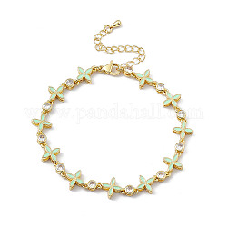Pulsera de cadena con eslabones de circonitas cúbicas y flor de esmalte verde pálido, joyas de latón para mujer, dorado, 7-1/2 pulgada (19.1 cm)