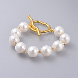 Acryl nachgeahmt Perlenarmbänder, mit 304 edelstahlzubehör und legierungsknebelverschlüssen, Runde, golden, weiß, 8-5/8 Zoll (22 cm)