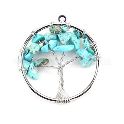 Pendentifs arbre de vie turquoise synthétique, anneau de fer puce gemmes breloques d'arbre, platine, 30mm