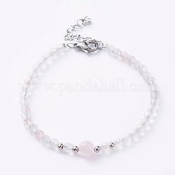 Natural Rose Quartz Beaded Bracelets, with Brass Beads, 304 Stainless Steel Lobster Claw Clasps & Heart Link Chains, 7-1/2 inch(19cm)