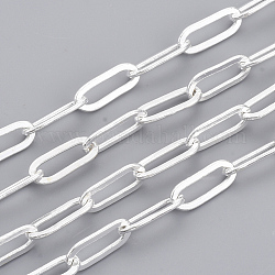 Brass Paperclip Chains, Flat Oval, Drawn Elongated Cable Chains, Soldered, with Spool, Cadmium Free & Lead Free, Silver Color Plated, 11x4.3x0.7mm, about 6.56 Feet(2m)/roll