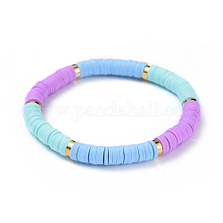 Bracelets élastiques, avec des perles heishi en pâte polymère faites main et des perles d'espacement en laiton, colorées, 2-1/8 pouce (5.3 cm)