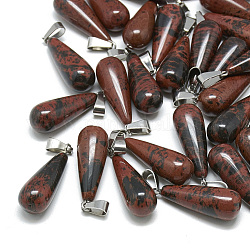 Natürliche Mahagoni Obsidian Anhänger, mit Schnappverschlüssen aus Edelstahl, Träne, 28~30x10~12 mm, Bohrung: 6x4 mm