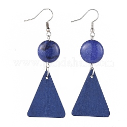 Dangle Earrings, with Natural White Jade Beads, Imitation Lapis Lazuli, Dyed Pear Wood Pendants and Brass Earring Hooks, Flat Round & Triangle, 73mm, Pin: 0.7mm