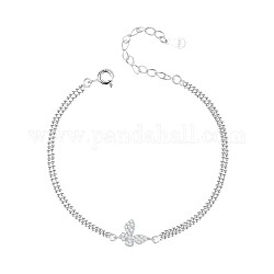 925 Sterling Silver Link Bracelets, with Ball Chain and Rhinestone, Butterfly, Platinum, Crystal