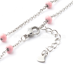 304 Edelstahl Kabelkette Halsketten, mit Emaille Perlen, Edelstahl Farbe, rosa, 17.3 Zoll (44 cm)