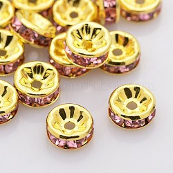 Perline distanziatori strass in ottone, grado a, flangia diritta, colore metallico oro, rondelle, roso chiaro, 8x3.8mm, Foro: 1.5 mm