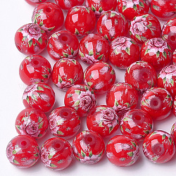 Perles de verre imprimées et peintes au pistolet, ronde avec motif de fleurs, rouge, 10~10.5x9.5mm, Trou: 1.6mm