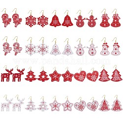 Weihnachtsmotiv Holz baumeln Ohrringe, mit Messing-Ohrhaken, Mischformen, rot, 61~83 mm, Anhänger: 49.5~67.8x45.5~62x2.8 mm, Stift: 0.7 mm, 20 Paare / Satz