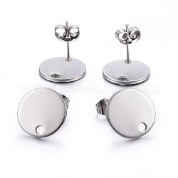 304 Stainless Steel Stud Earring Findings, with Loop and Flat Plate, Ear Nuts/Earring Backs, Flat Round, Stainless Steel Color, 12x1mm, Hole: 1.4mm, Pin: 0.8mm