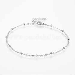 304 Stainless Steel Anklets, with Lobster Claw Clasps, Round Beads and Cable Chains, Stainless Steel Color, 9 inch(230mm), 2mm