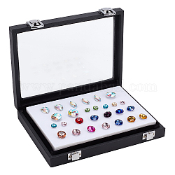 Boîtes de présentation rectangulaires en cuir PU avec diamants en vrac avec éponge à l'intérieur, fenêtre visible en verre petit étui de rangement pour bijoux, noir, 18x13.7x3.2 cm