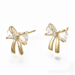 Brass Stud Earrings, with Clear Cubic Zirconia, Nickel Free, Bowknot, Real 18K Gold Plated, 9.5x9.5mm, Pin: 0.7mm