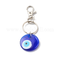 Llavero de ojo malvado de lampwork hecho a mano, con llaveros divididos de aleación de platino, plano y redondo, azul, 9 cm