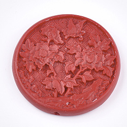 Zinnober-Perlen, geschnitzte Lack, flach rund mit Blume, rot, 54.5x8 mm, Bohrung: 1.8 mm