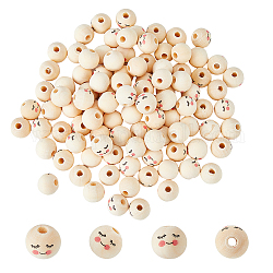 Dikosmetische 100 Stück europäische Naturholzperlen, Perlen mit lächelndem Gesicht und großem Loch, Runde, alte Spitze, 15~16 mm, Bohrung: 4 mm