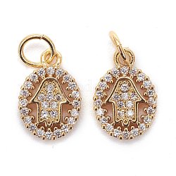 Brass Micro Pave Clear Cubic Zirconia Charms, Long-Lasting Plated, with Jump Ring, Oval with Hamsa Hand, Golden, 12x8.5x2mm, Jump Ring: 5x1mm, 3mm Inner Diameter